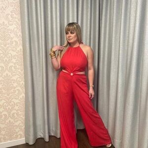 Bold Red Palazzo Jumpsuit with Cut-Out Detail